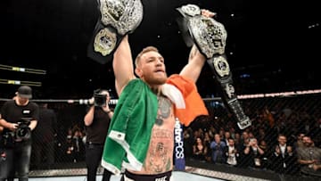 NEW YORK, NY - NOVEMBER 12: Conor McGregor of Ireland celebrates his KO victory over Eddie Alvarez of the United States in their lightweight championship bout during the UFC 205 event at Madison Square Garden on November 12, 2016 in New York City. (Photo by Jeff Bottari/Zuffa LLC/Zuffa LLC via Getty Images)