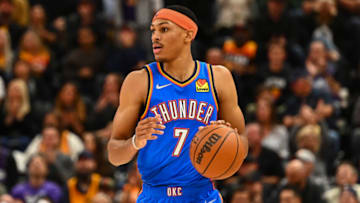 Darius Bazley #7 of the Oklahoma City Thunder in action during a game against the Utah Jazz at Vivint Smart Home Arena on October 20, 2021 in Salt Lake City, Utah. NOTE TO USER: User expressly acknowledges and agrees that, by downloading and or using this photograph, User is consenting to the terms and conditions of the Getty Images License Agreement. (Photo by Alex Goodlett/Getty Images)