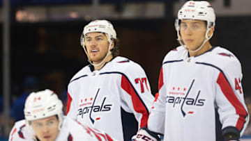 T.J. Oshie, John Carlson, Connor McMichael, Washington Capitals Mandatory Credit: Vincent Carchietta-USA TODAY Sports