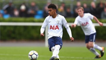 ENFIELD, ENGLAND - OCTOBER 23: Marcus Edwards of Tottenham Hotspur takes a penalty to score his sides third goal during a Premier League 2 match between Tottenham Hotspur and Arsenal at Tottenham Hotspur training ground, on October 23, 2017 in Enfield, England. (Photo by Naomi Baker/Getty Images)