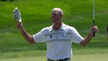 Aug 7, 2016; Cromwell, CT, USA; Jim Furyk reacts after shooting a PGA tour record 58 after the final round of the 2016 Travelers Championship golf tournament at TPC River Highlands. Mandatory Credit: Bill Streicher-USA TODAY Sports