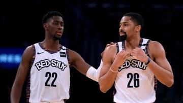 LOS ANGELES, CALIFORNIA - MARCH 10: Spencer Dinwiddie #26 of the Brooklyn Nets reacts to his offensive foul with Caris LeVert #22 during a 104-102 win over the Los Angeles Lakers at Staples Center on March 10, 2020 in Los Angeles, California. (Photo by Harry How/Getty Images) NOTE TO USER: User expressly acknowledges and agrees that, by downloading and or using this photograph, User is consenting to the terms and conditions of the Getty Images License Agreement.