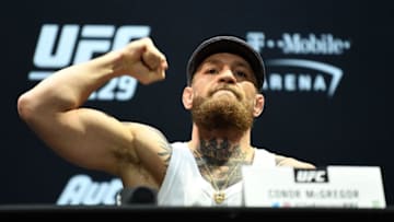 LAS VEGAS, NEVADA - OCTOBER 04: Conor McGregor speaks during the UFC 229 Press Conference inside The Park Theater at Park MGM on October 4, 2018 in Las Vegas, Nevada. (Photo by Jeff Bottari/Zuffa LLC/Zuffa LLC via Getty Images)