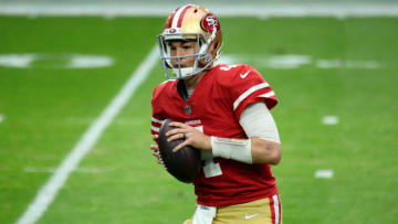 Dec 13, 2020; Glendale, Arizona, USA; San Francisco 49ers quarterback Nick Mullens (4) warms up prior to facing the Washington Football Team at State Farm Stadium. Mandatory Credit: Joe Camporeale-USA TODAY Sports