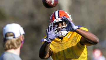 Clemson wide receiver Justyn Ross catches a ball during football practice on Monday in Clemson.Clemson Spring Football Practice March 8