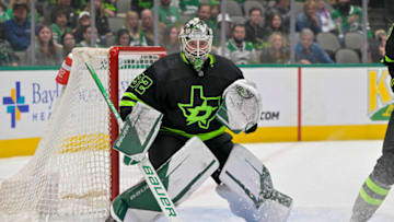 Mar 25, 2023; Dallas, Texas, USA; Dallas Stars goaltender Matt Murray (32) faces the Vancouver Canucks attack during the first period at the American Airlines Center. Mandatory Credit: Jerome Miron-USA TODAY Sports