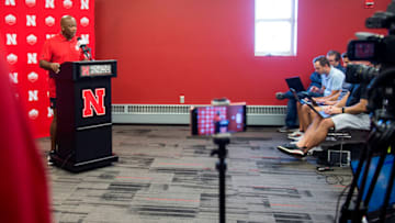 Nebraska Cornhuskers interim head coach Mickey Joseph speaks to the media (Kayla Wolf-USA TODAY Sports)