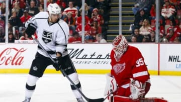 Oct 31, 2014; Detroit, MI, USA; Detroit Red Wings goalie Jimmy Howard (35) makes the save on a deflection by Los Angeles Kings center Jordan Nolan (71) in the second period at Joe Louis Arena. Mandatory Credit: Rick Osentoski-USA TODAY Sports