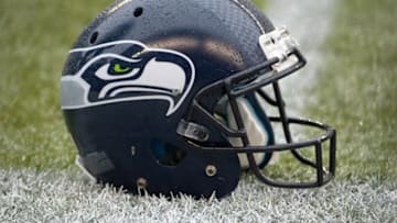 Dec 9, 2012; Seattle, WA, USA; General view of a Seattle Seahawks helmet during the game against the Arizona Cardinals at CenturyLink Field. Mandatory Credit: Kirby Lee/Image of Sport-USA TODAY Sports