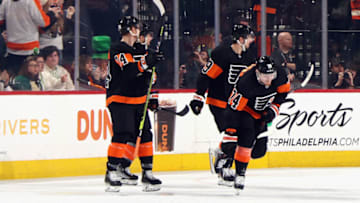 PHILADELPHIA, PENNSYLVANIA - MARCH 17: Owen Tippett #74 of the Philadelphia Flyers celebrates his hattrick during the third period against the Buffalo Sabres at the Wells Fargo Center on March 17, 2023 in Philadelphia, Pennsylvania. The Flyers defeated the Sabres 5-2. (Photo by Bruce Bennett/Getty Images)