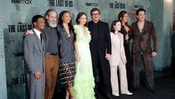 LOS ANGELES, CALIFORNIA - JANUARY 09: (L-R) Lamar Johnson, Jeffrey Pierce, Storm Reid, Nico Parker, Pedro Pascal, Bella Ramsey, Merle Dandridge and Gabriel Luna attend the Los Angeles Premiere of HBO's "The Last Of Us" at Regency Village Theatre on January 09, 2023 in Los Angeles, California. (Photo by Frazer Harrison/Getty Images)