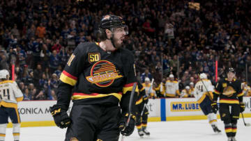 Feb 10, 2020; Vancouver, British Columbia, CAN; Vancouver Canucks forward Zack MacEwen (71) celebrates his first period goal against the Nashville Predatorsduring the first period in a game at Rogers Arena. Mandatory Credit: Bob Frid-USA TODAY Sports
