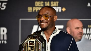 LAS VEGAS, NEVADA - DECEMBER 12: Kamaru Usman of Nigeria poses for the media during the UFC 245 Ultimate Media Day at the Red Rock Casino Resort on December 12, 2019 in Las Vegas, Nevada. (Photo by Chris Unger/Zuffa LLC via Getty Images)