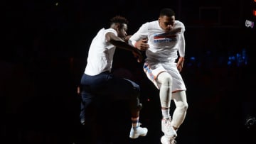 Dec 9, 2016; Oklahoma City, OK, USA; Oklahoma City Thunder guard Russell Westbrook (0) is introduced to fans prior to game against the Houston Rockets at Chesapeake Energy Arena. Mandatory Credit: Mark D. Smith-USA TODAY Sports