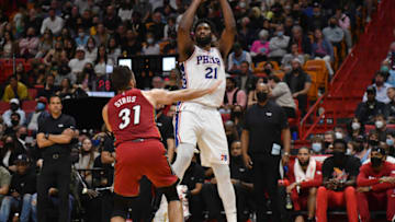 Philadelphia 76ers center Joel Embiid (21) takes a shot over Miami Heat guard Max Strus (31)(Jim Rassol-USA TODAY Sports)