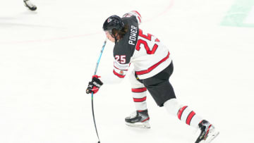 RIGA, LATVIA - MAY 24: Owen Power #25 of Canada in action during the 2021 IIHF Ice Hockey World Championship group stage game between Germany and Canada at Arena Riga on May 24, 2021 in Riga, Latvia. Germany defeated Canada 3-1. (Photo by EyesWideOpen/Getty Images)