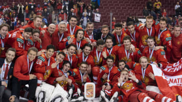 VANCOUVER, BC - JANUARY 5: Russia poses for a photo after defeating Switzerland in the Bronze Medal game of the 2019 IIHF World Junior Championship on January, 5, 2019 at Rogers Arena in Vancouver, British Columbia, Canada. (Photo by Rich Lam/Getty Images)