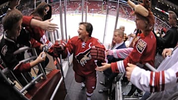 Oct 18, 2014; Glendale, AZ, USA; Arizona Coyotes right wing Shane Doan (19) leaves the ice after warmups prior to the game against the St. Louis Blues at Gila River Arena. Mandatory Credit: Joe Camporeale-USA TODAY Sports