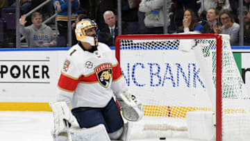 ST. LOUIS, MO. - DECEMBER 11: Florida Panthers goalie Roberto Luongo (1) reacts after giving up an apparent goal which was later disallowed because it went off of an official into the net during a NHL game between the Florida Panthers and the St. Louis Blues on December 11, 2018, at Enterprise Center, St. Louis, MO. (Photo by Keith Gillett/Icon Sportswire via Getty Images)