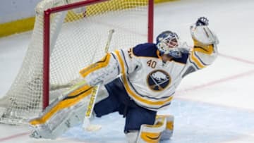 Feb 16, 2016; Ottawa, Ontario, CAN; Buffalo Sabres goalie Robin Lehner (40) makes a a save in the third period against the Ottawa Senators at the Canadian Tire Centre. The Senators defeated the Sabres 2-1 in a shootout. Mandatory Credit: Marc DesRosiers-USA TODAY Sports