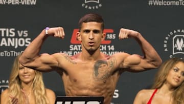 Mar 13, 2015; Dallas, TX, USA; Sergio Pettis stands on the scale during weigh-ins for UFC 185 at Kay Bailey Hutchison Convention Center. Mandatory Credit: Tim Heitman-USA TODAY Sports