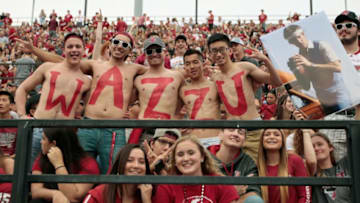 PULLMAN, WA - SEPTEMBER 29: Fans for the Washington State Cougars spell it out during the game against the Utah Utes at Martin Stadium on September 29, 2018 in Pullman, Washington. Washington State defeated Utah 28-24. (Photo by William Mancebo/Getty Images)
