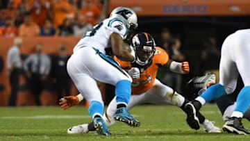 Sep 8, 2016; Denver, CO, USA; Denver Broncos inside linebacker Brandon Marshall (54) tackles Carolina Panthers running back Jonathan Stewart (28) in the second quarter against the Denver Broncos at Sports Authority Field at Mile High. Mandatory Credit: Ron Chenoy-USA TODAY Sports
