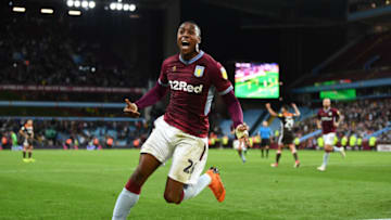 BIRMINGHAM, ENGLAND - AUGUST 22: Jonathan Kodjia of Aston Villa celebrates after scoring his team's second goal during the Sky Bet Championship match between Aston Villa and Brentford at Villa Park on August 22, 2018 in Birmingham, England. (Photo by Clive Mason/Getty Images)