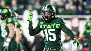 Michigan State's Angelo Grose signals to the sideline during the fourth quarter in the game against Maryland on Saturday, Nov. 13, 2021, at Spartan Stadium in East Lansing.211113 Msu Maryland 132a