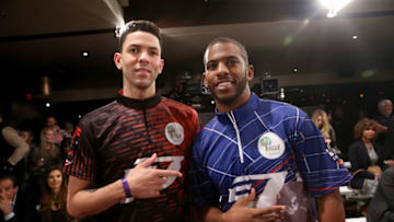 LOS ANGELES, CA - JANUARY 17: Professional basketbal players Austin Rivers and Chris Paul attend the State Farm Chris Paul PBA Celebrity Invitational held at Lucky Strike Lanes at L.A. Live on January 17, 2017 in Los Angeles, California. (Photo by Jesse Grant/Getty Images for Professional Bowlers Association)
