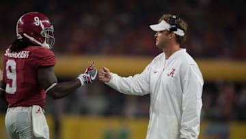 Sep 3, 2016; Arlington, TX, USA; Alabama Crimson Tide offensive coordinator Lane Kiffin and running back Bo Scarbrough (9) during the game against the USC Trojans at AT&T Stadium. Alabama defeats USC 52-6. Mandatory Credit: Jerome Miron-USA TODAY Sports