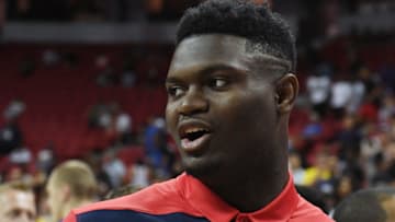 LAS VEGAS, NEVADA - JULY 06: Zion Williamson #1 of the New Orleans Pelicans walks off the court after his team's game against the Washington Wizards during the 2019 NBA Summer League at the Thomas & Mack Center on July 6, 2019 in Las Vegas, Nevada. NOTE TO USER: User expressly acknowledges and agrees that, by downloading and or using this photograph, User is consenting to the terms and conditions of the Getty Images License Agreement. (Photo by Ethan Miller/Getty Images)