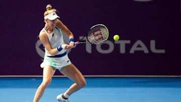 DOHA, QATAR - FEBRUARY 24: Alison Riske of USA returns the ball against Jennifer Brady of USA during day two of the WTA Qatar Total Open 2020 at Khalifa International Tennis and Squash Complex on February 24, 2020 in Doha, Qatar. (Photo by Quality Sport Images/Getty Images)