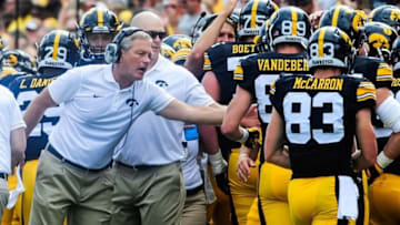 Sep 3, 2016; Iowa City, IA, USA; Iowa Hawkeyes head coach Kirk Ferentz congratulates his team during the first quarter against the Miami (Oh) Redhawks at Kinnick Stadium. Mandatory Credit: Jeffrey Becker-USA TODAY Sports