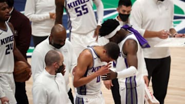 DALLAS, TEXAS - MAY 02: Tyrese Haliburton #0 of the Sacramento Kings leave the court against the Dallas Mavericks in the third quarter at American Airlines Center on May 02, 2021 in Dallas, Texas. NOTE TO USER: User expressly acknowledges and agrees that, by downloading and or using this photograph, User is consenting to the terms and conditions of the Getty Images License Agreement. (Photo by Ronald Martinez/Getty Images)