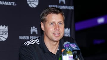 SACRAMENTO, CA - JUNE 24: The Sacramento Kings Head Coach Dave Joerger addresses the media at a press conference to introduce the Sacramento Kings 2017 Draft Picks on June 24, 2017 at the Golden 1 Center in Sacramento, California. NOTE TO USER: User expressly acknowledges and agrees that, by downloading and/or using this Photograph, user is consenting to the terms and conditions of the Getty Images License Agreement. Mandatory Copyright Notice: Copyright 2017 NBAE (Photo by Rocky Widner/NBAE via Getty Images)