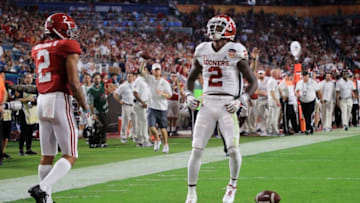 MIAMI, FL - DECEMBER 29: CeeDee Lamb #2 of the Oklahoma Sooners reacts after the play in the second quarter during the College Football Playoff Semifinal against the Alabama Crimson Tide at the Capital One Orange Bowl at Hard Rock Stadium on December 29, 2018 in Miami, Florida. (Photo by Mike Ehrmann/Getty Images)