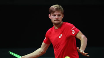 BRUSSELS, BELGIUM - SEPTEMBER 17: David Goffin of Belgium in action against Nick Kyrgios of Australia during day three of the Davis Cup World Group semi final match between Belgium and Australia at Palais 12 on September 17, 2017 in Brussels, Belgium. (Photo by Julian Finney/Getty Images)
