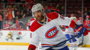 NEWARK, NJ - MARCH 27: David Savard #58 of the Montreal Canadiens warms up prior to the game against the New Jersey Devils on March 27, 2022 at the Prudential Center in Newark, New Jersey. (Photo by Rich Graessle/Getty Images)