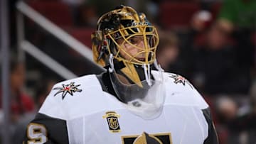 GLENDALE, AZ - OCTOBER 07: Goaltender Marc-Andre Fleury #29 of the Vegas Golden Knights during the NHL game against the Arizona Coyotes at Gila River Arena on October 7, 2017 in Glendale, Arizona. (Photo by Christian Petersen/Getty Images)