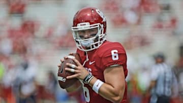 NORMAN, OK - SEPTEMBER 02: Quarterback Baker Mayfield #6 of the Oklahoma Sooners warms up before the game against the UTEP Miners at Gaylord Family Oklahoma Memorial Stadium on September 2, 2017 in Norman, Oklahoma. Oklahoma defeated UTEP 56-7. (Photo by Brett Deering/Getty Images) *** local caption *** Baker Mayfield;