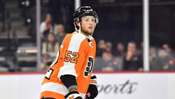 Sep 24, 2022; Philadelphia, Pennsylvania, USA; Philadelphia Flyers right wing Tyson Foerster (52) against the Boston Bruins during the first period at Wells Fargo Center. Mandatory Credit: Eric Hartline-USA TODAY Sports
