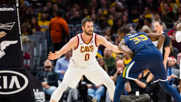 CLEVELAND, OH - DECEMBER 16: Kevin Love #0 of the Cleveland Cavaliers guards Ekpe Udoh #33 of the Utah Jazz during the first half at Quicken Loans Arena on December 16, 2017 in Cleveland, Ohio. NOTE TO USER: User expressly acknowledges and agrees that, by downloading and or using this photograph, User is consenting to the terms and conditions of the Getty Images License Agreement. (Photo by Jason Miller/Getty Images) *** Local Caption *** Kevin Love; Ekpe Udoh