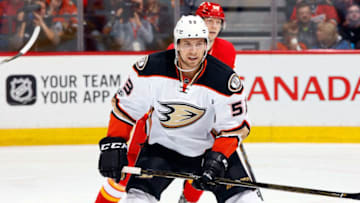 CALGARY, AB - APRIL 2: Shea Theodore #53 of the Anaheim Ducks skates against the Calgary Flames during an NHL game on April 2, 2017 at the Scotiabank Saddledome in Calgary, Alberta, Canada. (Photo by Gerry Thomas/NHLI via Getty Images)"n