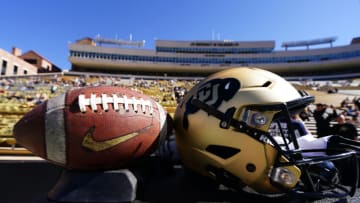 Oct 16, 2021; Boulder, Colorado, USA; General view of a Colorado Buffaloes helmet and football before the game against the Arizona Wildcats at Folsom Field. Mandatory Credit: Ron Chenoy-USA TODAY Sports