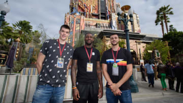 ANAHEIM, CA - MAY 25, 2017: In this handout photo provided by Disney Resorts, (L-R) Ivica Zubac, Tarik Black and Larry Nance, Jr. of the Los Angeles Lakers attend the grand opening of Guardians of The Galaxy - Mission: BREAKOUT! attraction on May 25, 2017 at Disneys California Adventure in Disneyland in Anaheim, California. (Photo by Joshua Sudock/Disneyland Resort via Getty Images)