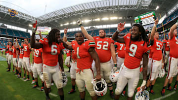 MIAMI GARDENS, FL - NOVEMBER 05: Miami Hurricanes players celebrate after the game against the Pittsburgh Panthers at Hard Rock Stadium on November 5, 2016 in Miami Gardens, Florida. (Photo by Rob Foldy/Getty Images)