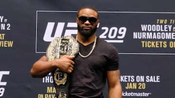 LAS VEGAS, NV - JANUARY 19: UFC Welterweight Champion Tyron Woodley poses for the media during the UFC 209 Ultimate Media Day event inside The Park Theater on January 19, 2017 in Las Vegas, Nevada. (Photo by Juan Cardenas/Zuffa LLC/Zuffa LLC via Getty Images)