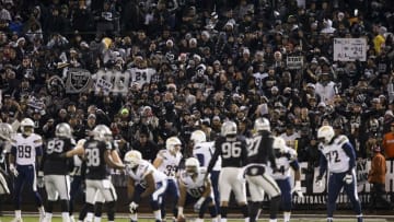 Dec 24, 2015; Oakland, CA, USA; Oakland Raiders fans as the San Diego Chargers line up during the third quarter at O.co Coliseum. The Oakland Raiders defeated the San Diego Chargers 23-20. Mandatory Credit: Kelley L Cox-USA TODAY Sports
