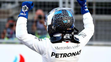 BAKU, AZERBAIJAN - APRIL 27: Pole position qualifier Valtteri Bottas of Finland and Mercedes GP celebrates in parc ferme during qualifying for the F1 Grand Prix of Azerbaijan at Baku City Circuit on April 27, 2019 in Baku, Azerbaijan. (Photo by Mark Thompson/Getty Images)
